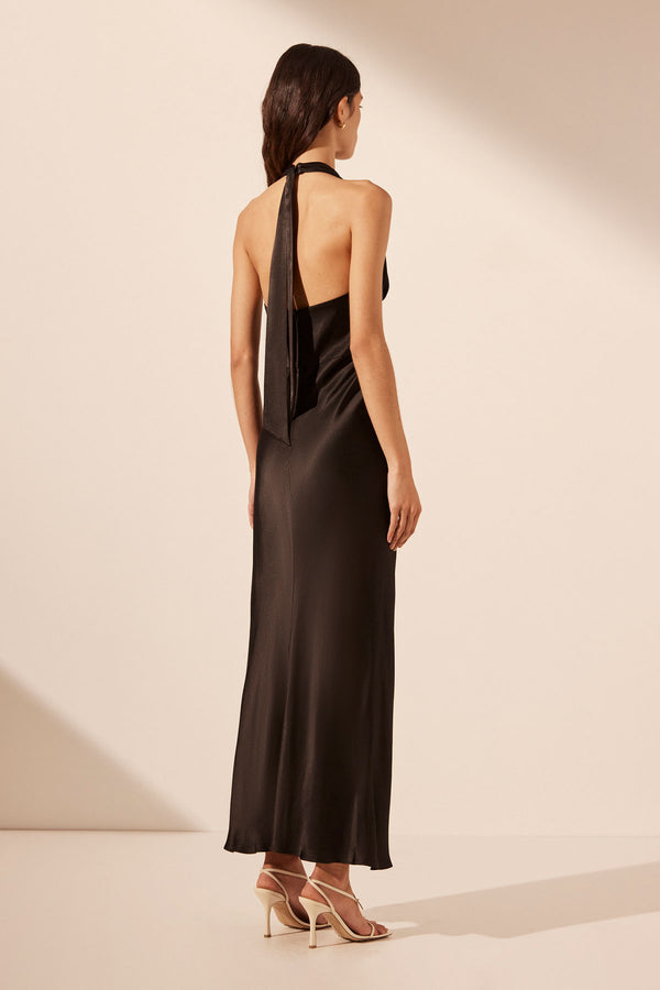 LA LUNE PLUNGED HALTER MIDI DRESS - BLACK_B