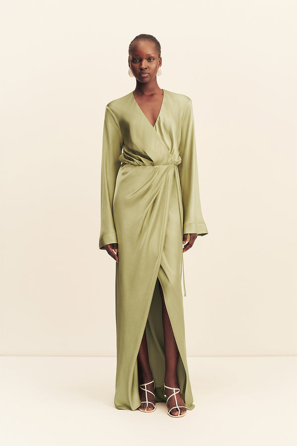LA LUNE LONG SLEEVE WRAP MAXI DRESS - FERN_F