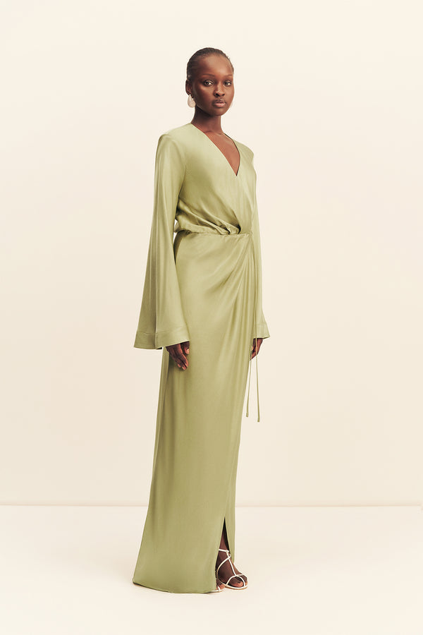LA LUNE LONG SLEEVE WRAP MAXI DRESS - FERN