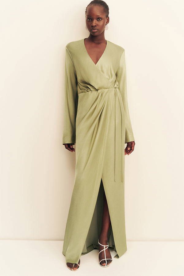 LA LUNE LONG SLEEVE WRAP MAXI DRESS - FERN