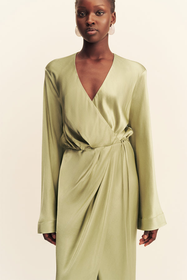 LA LUNE LONG SLEEVE WRAP MAXI DRESS - FERN