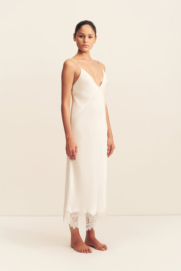 LUSTRE LACE SLIP MIDI DRESS - IVORY