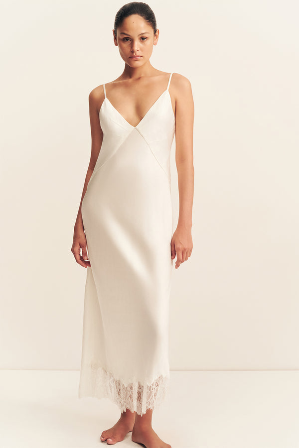 LUSTRE LACE SLIP MIDI DRESS - IVORY