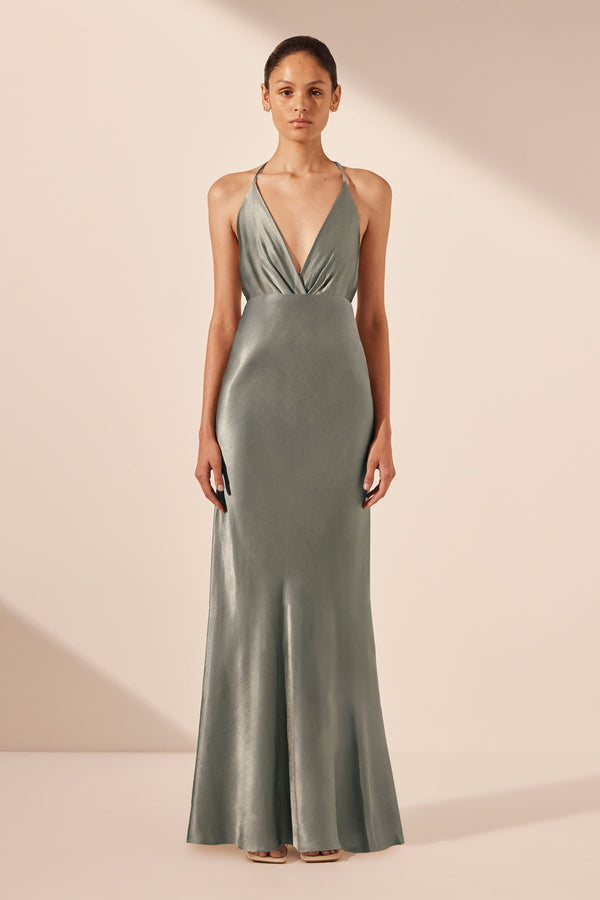 LA LUNE PLUNGED OPEN BACK HALTER MAXI DRESS - SAGE_F