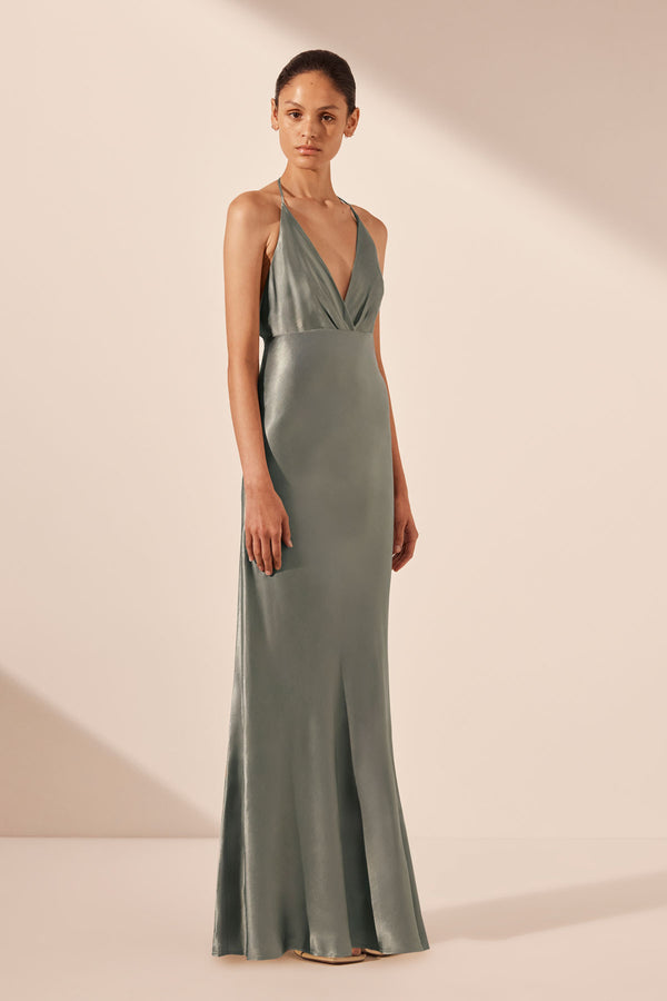 LA LUNE PLUNGED OPEN BACK HALTER MAXI DRESS - SAGE_A