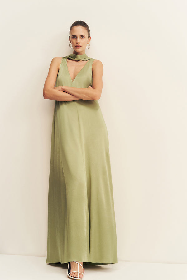 LA LUNE SCARF PANELLED MAXI DRESS - FERN