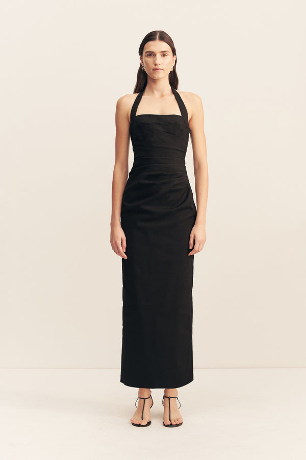LANI DRAPED HALTER MAXI DRESS - BLACK_F