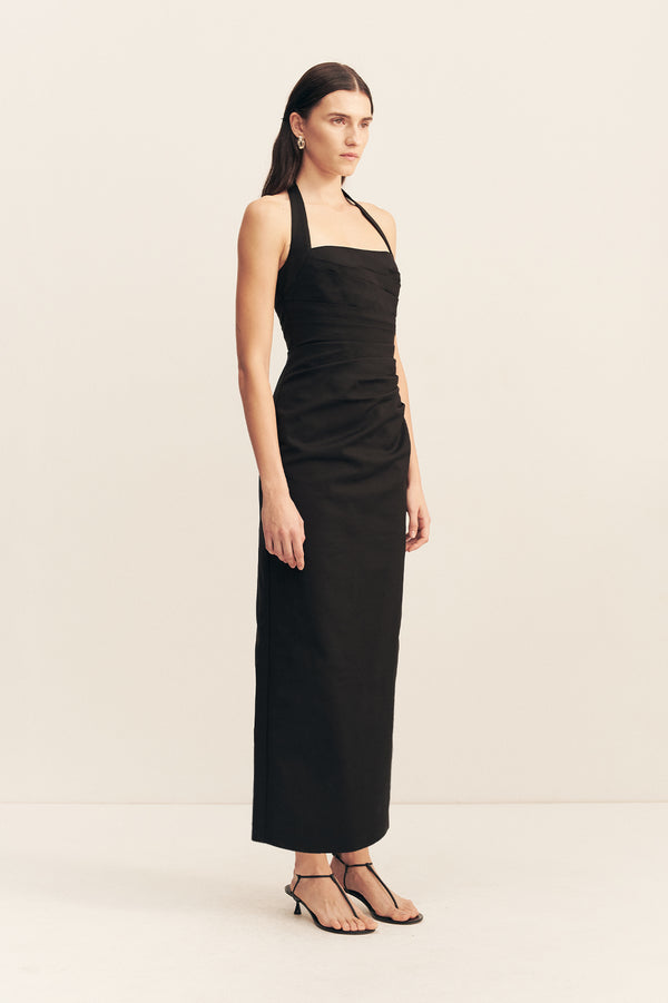 LANI DRAPED HALTER MAXI DRESS - BLACK