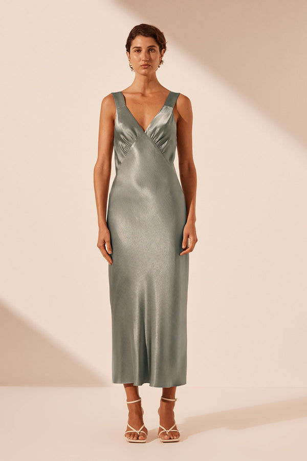 LA LUNE PLUNGED MIDI DRESS - SAGE_F