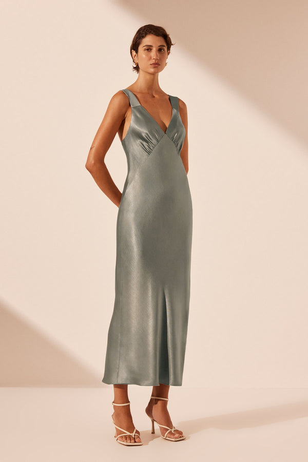 LA LUNE PLUNGED MIDI DRESS - SAGE_A