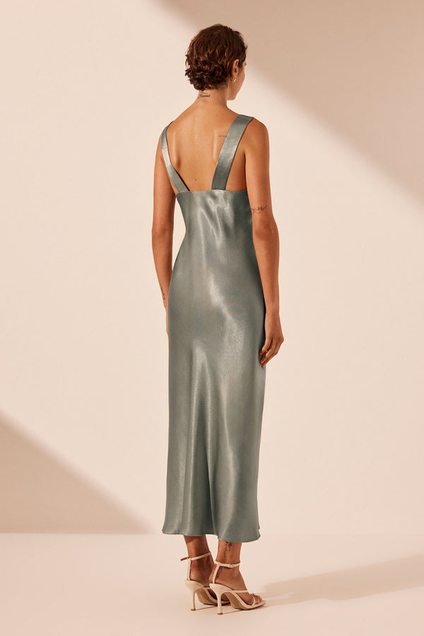 LA LUNE PLUNGED MIDI DRESS - SAGE_B