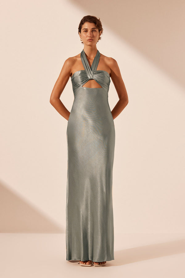 LA LUNE RUCHED HALTER MAXI DRESS - SAGE_F