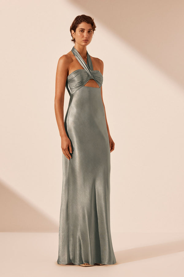 LA LUNE RUCHED HALTER MAXI DRESS - SAGE_A