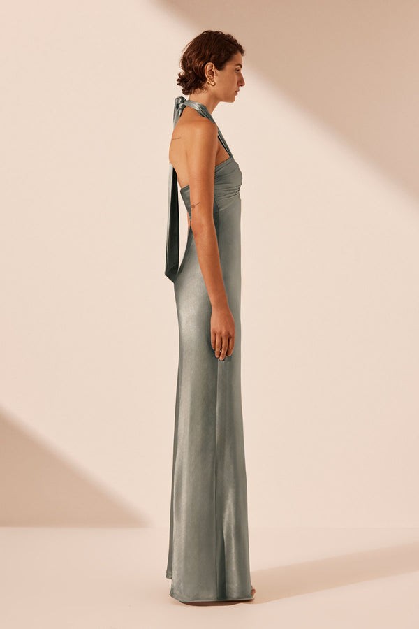 LA LUNE RUCHED HALTER MAXI DRESS - SAGE_S