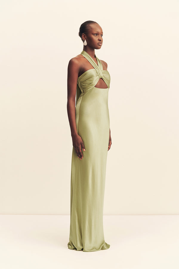 LA LUNE RUCHED HALTER MAXI DRESS - FERN