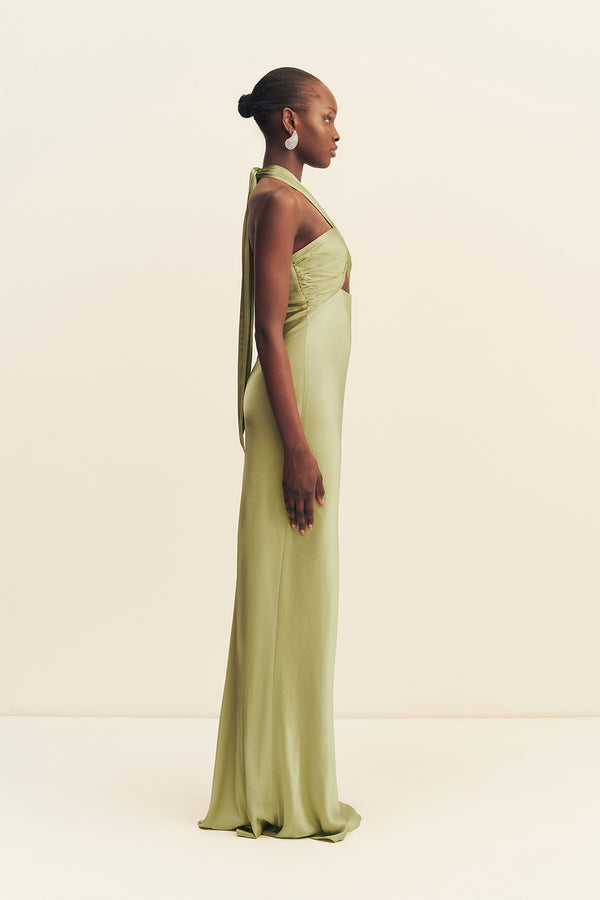 LA LUNE RUCHED HALTER MAXI DRESS - FERN