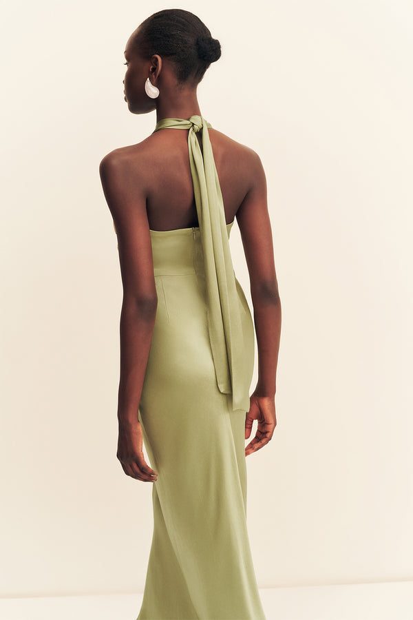 LA LUNE RUCHED HALTER MAXI DRESS - FERN