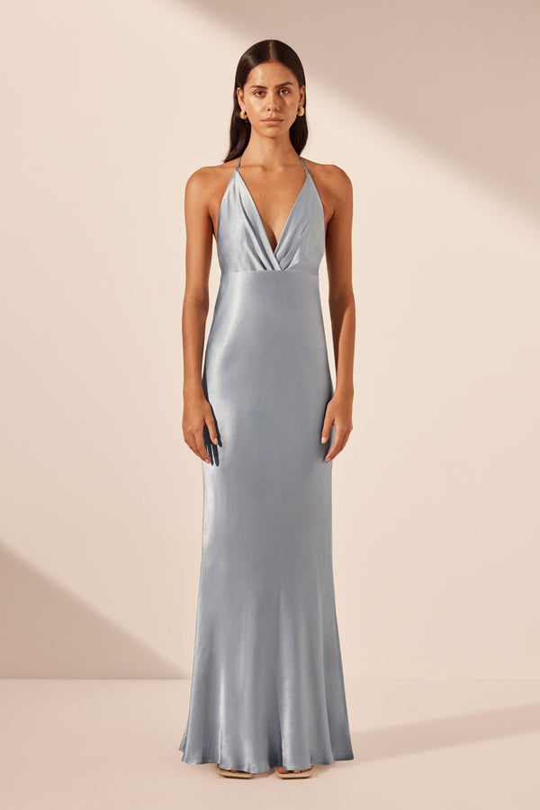 LA LUNE PLUNGED OPEN BACK HALTER MAXI DRESS - POWDER BLUE_F
