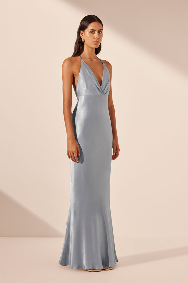 LA LUNE PLUNGED OPEN BACK HALTER MAXI DRESS - POWDER BLUE_A