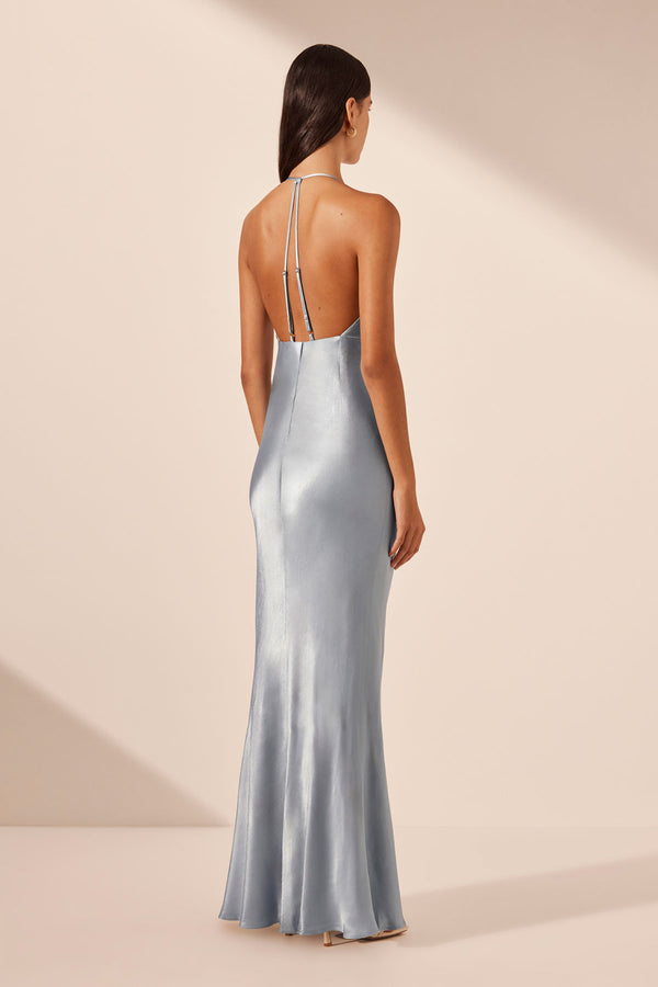 LA LUNE PLUNGED OPEN BACK HALTER MAXI DRESS - POWDER BLUE_B