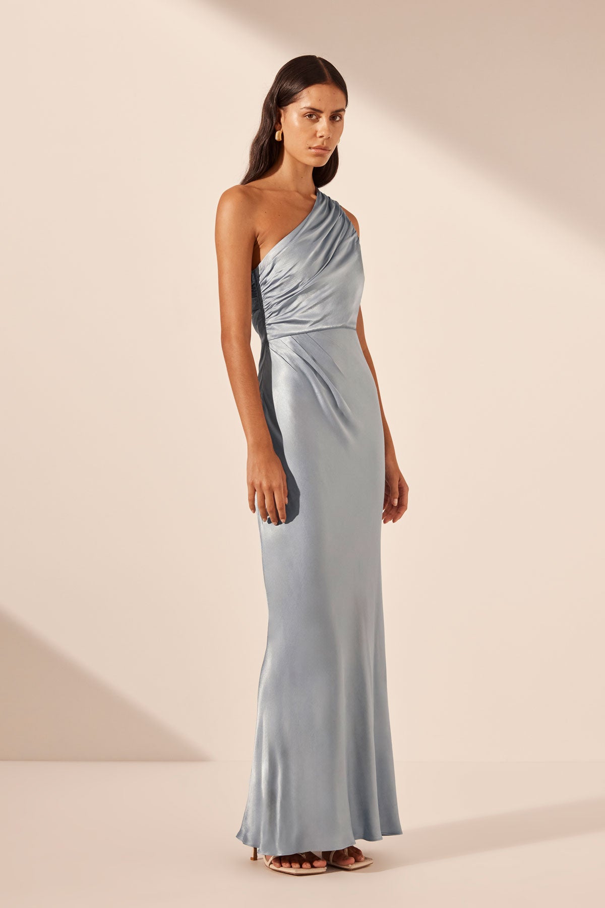 La Lune Gathered One Shoulder Maxi Dress Powder Blue Dresses Shona Joy