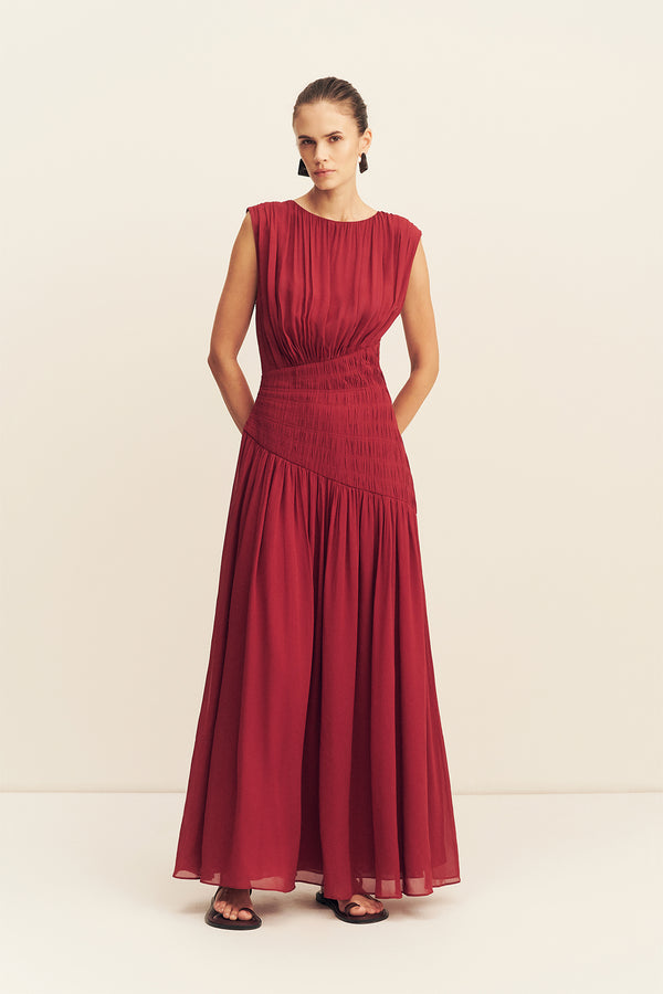 AMINA PANELLED RUCHED MAXI DRESS - SANGRIA_F
