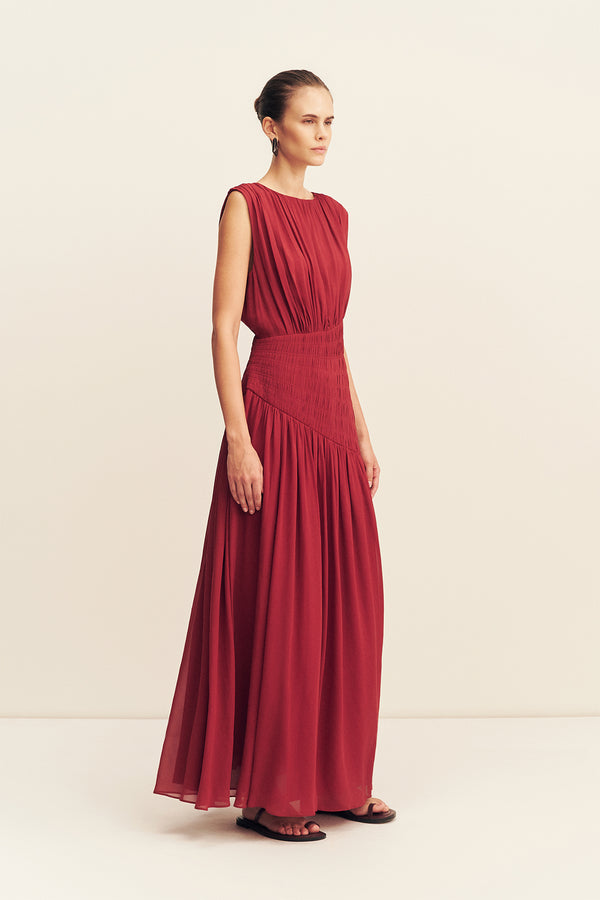 AMINA PANELLED RUCHED MAXI DRESS - SANGRIA