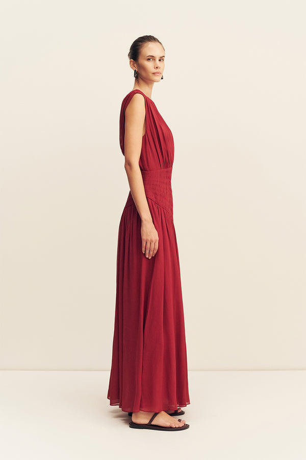 AMINA PANELLED RUCHED MAXI DRESS - SANGRIA
