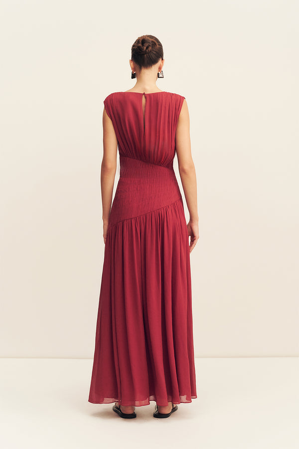 AMINA PANELLED RUCHED MAXI DRESS - SANGRIA