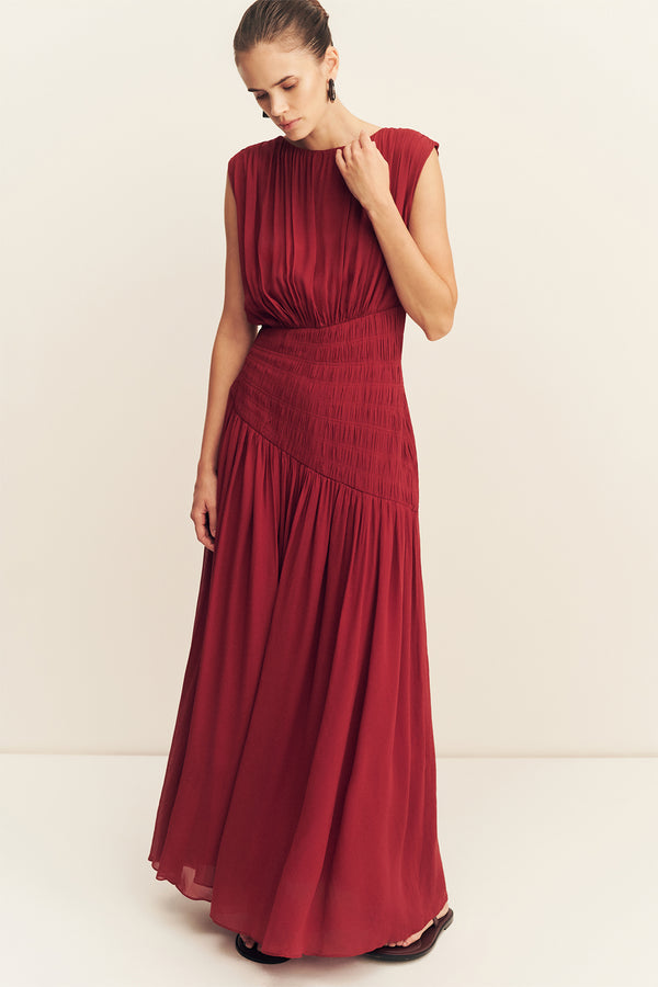 AMINA PANELLED RUCHED MAXI DRESS - SANGRIA