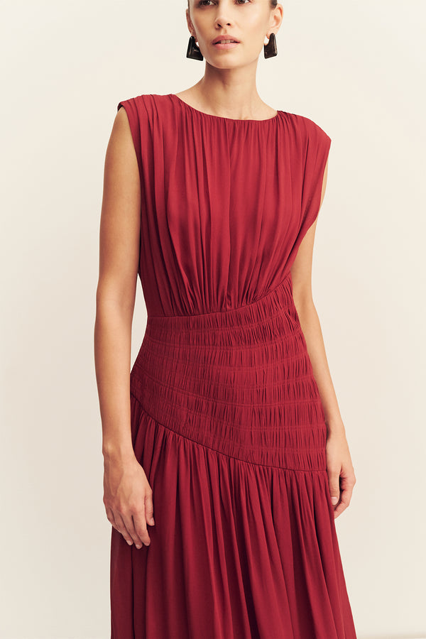 AMINA PANELLED RUCHED MAXI DRESS - SANGRIA