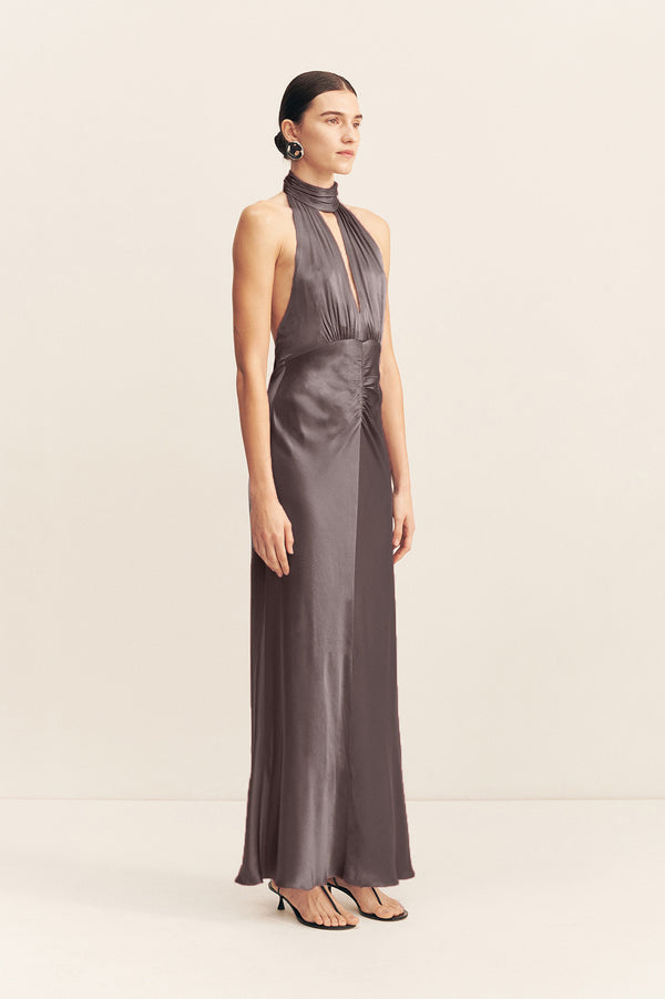 LA LUNE HALTER NECK MAXI DRESS - GRAPHITE