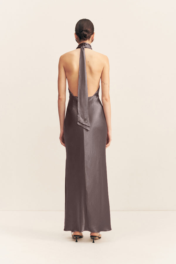 LA LUNE HALTER NECK MAXI DRESS - GRAPHITE