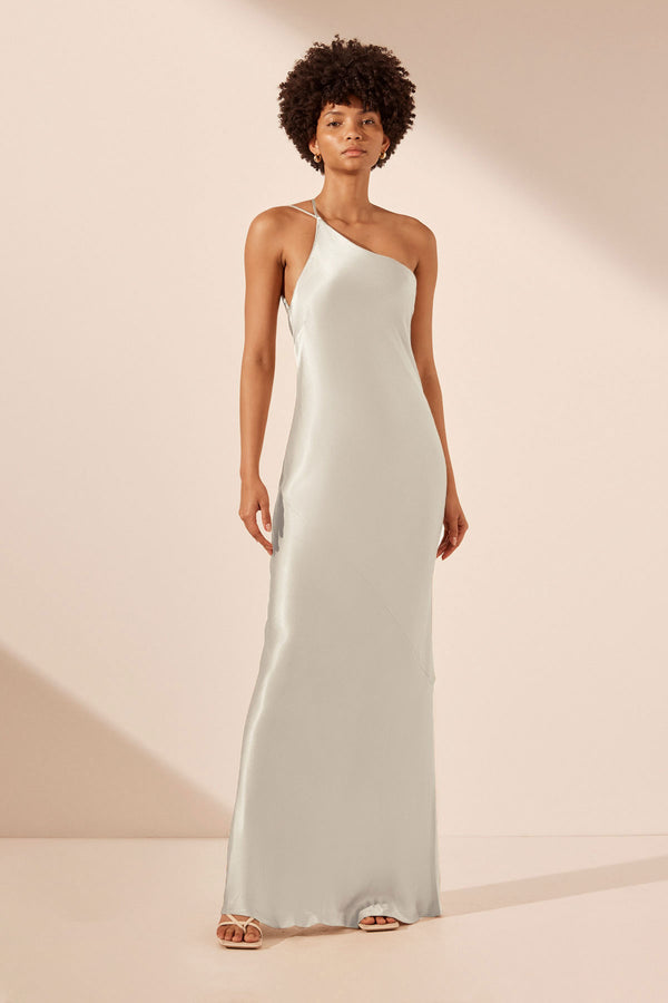 LA LUNE ONE SHOULDER COWL BACK MAXI DRESS - SILVER_F