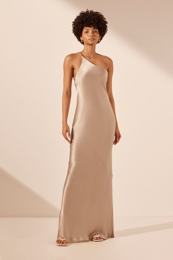 LA LUNE ONE SHOULDER COWL BACK MAXI DRESS - GOLD_F