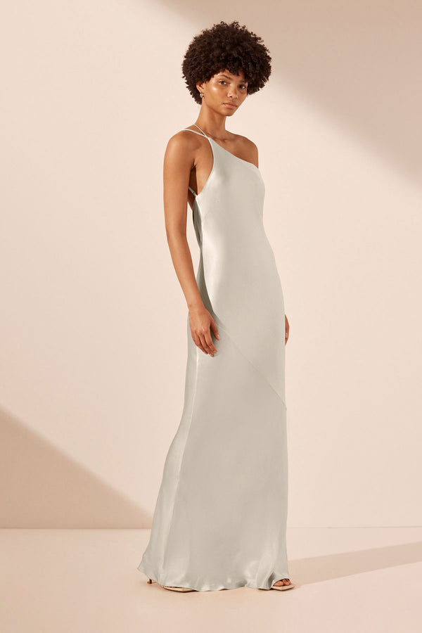 LA LUNE ONE SHOULDER COWL BACK MAXI DRESS - SILVER_A