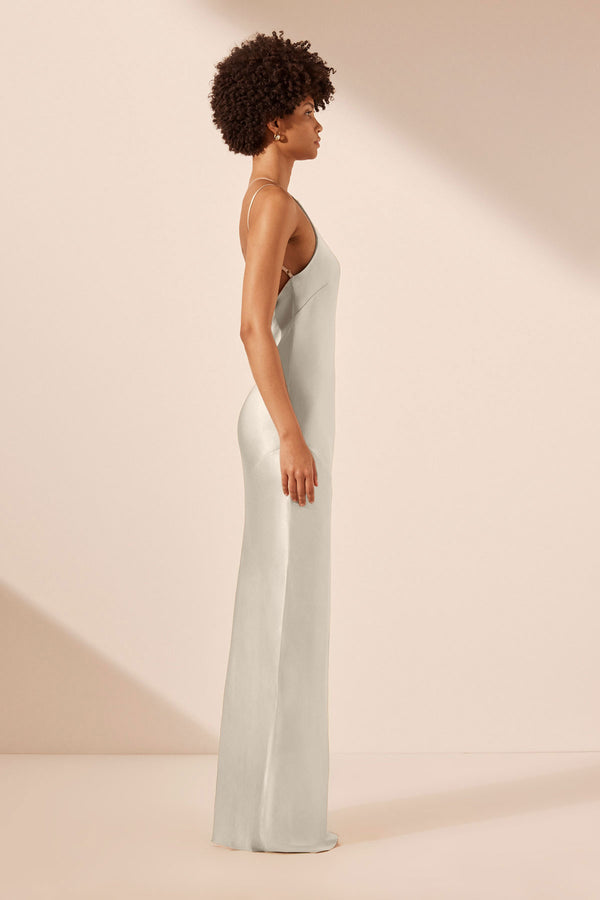 LA LUNE ONE SHOULDER COWL BACK MAXI DRESS - SILVER_S