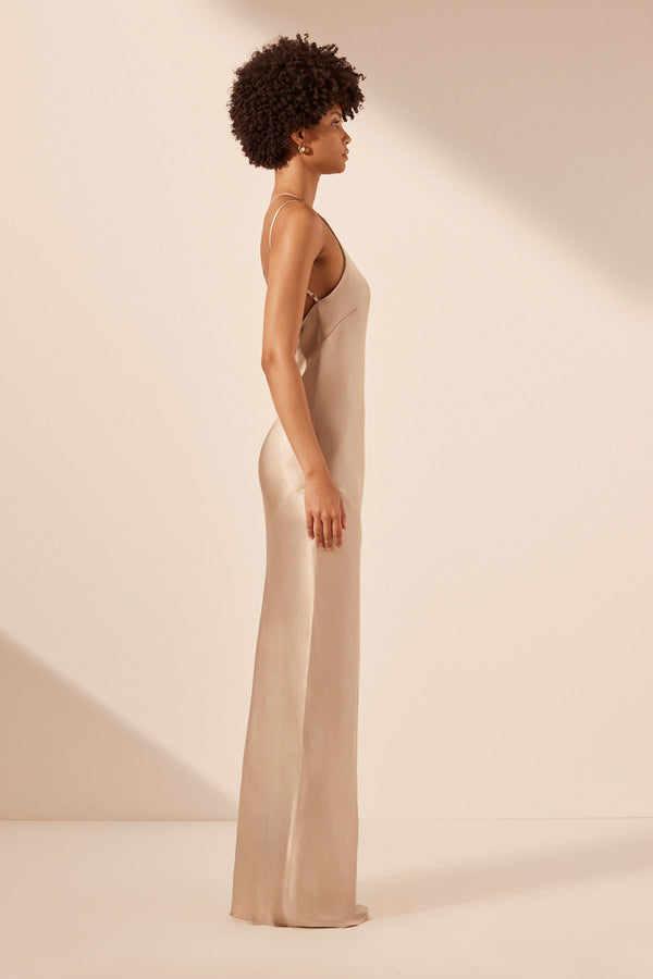 LA LUNE ONE SHOULDER COWL BACK MAXI DRESS - GOLD_S