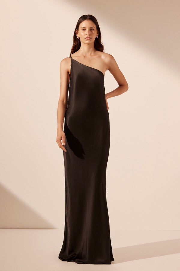LA LUNE ONE SHOULDER COWL BACK MAXI DRESS - BLACK_F