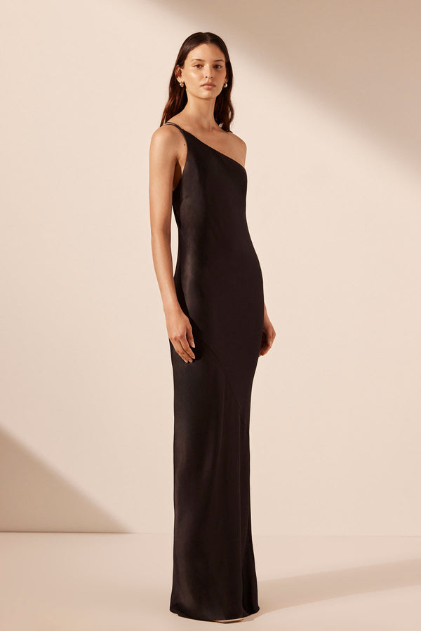 LA LUNE ONE SHOULDER COWL BACK MAXI DRESS - BLACK_A