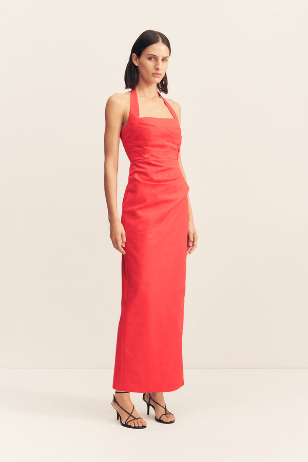 LANI DRAPED HALTER MAXI DRESS - CHILLI