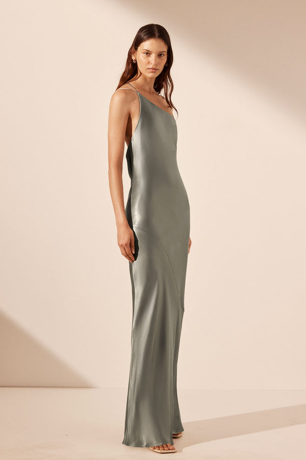 LA LUNE ONE SHOULDER COWL BACK MAXI DRESS - SAGE_A