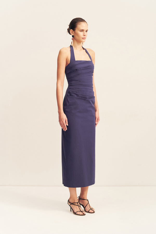 CAMPBELL DRAPED HALTER MIDI DRESS - MIDNIGHT