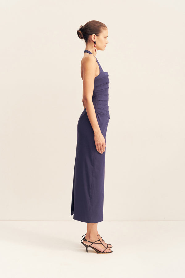 CAMPBELL DRAPED HALTER MIDI DRESS - MIDNIGHT