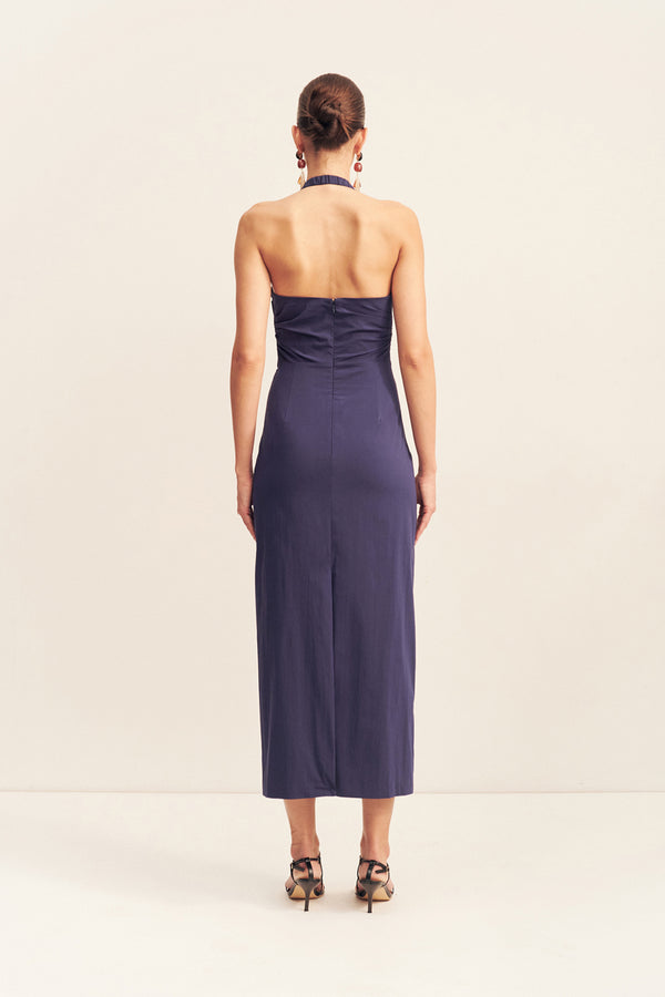 CAMPBELL DRAPED HALTER MIDI DRESS - MIDNIGHT
