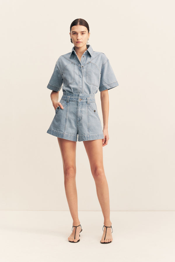 STELLA HIGH WAISTED FLARED SHORT - MID BLUE_F