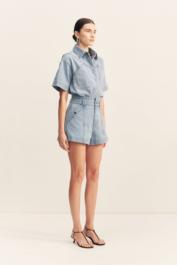 STELLA HIGH WAISTED FLARED SHORT - MID BLUE_A