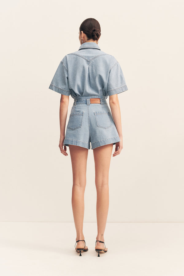 STELLA HIGH WAISTED FLARED SHORT - MID BLUE_B