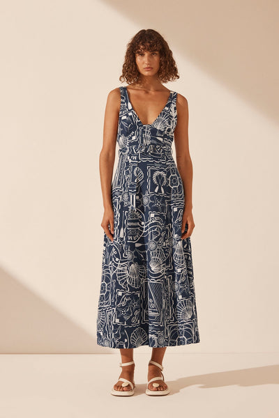 Amelie Linen Plunged Panelled Midi Dress Navy Ivory Dresses