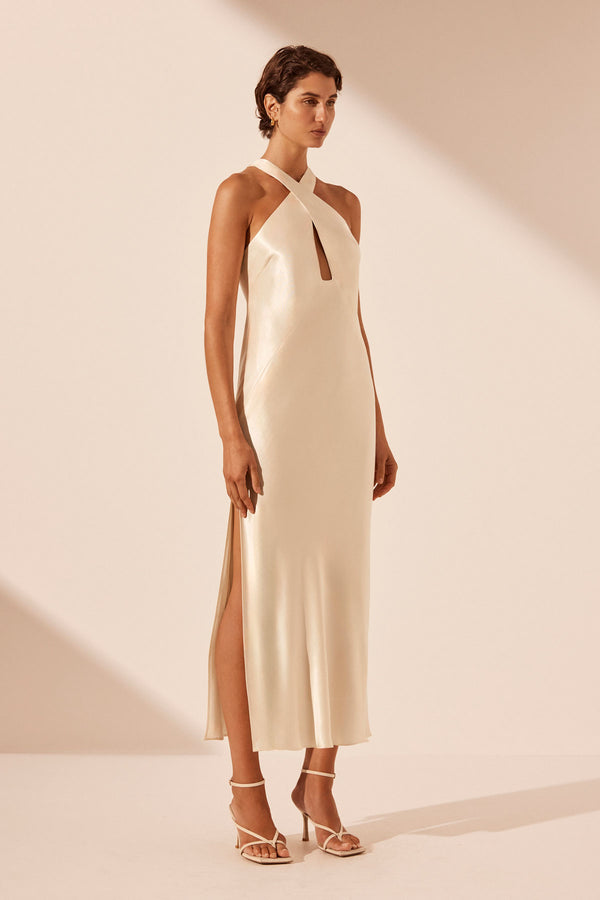 LA LUNE CROSS FRONT KEYHOLE MIDI DRESS - CREAM_A